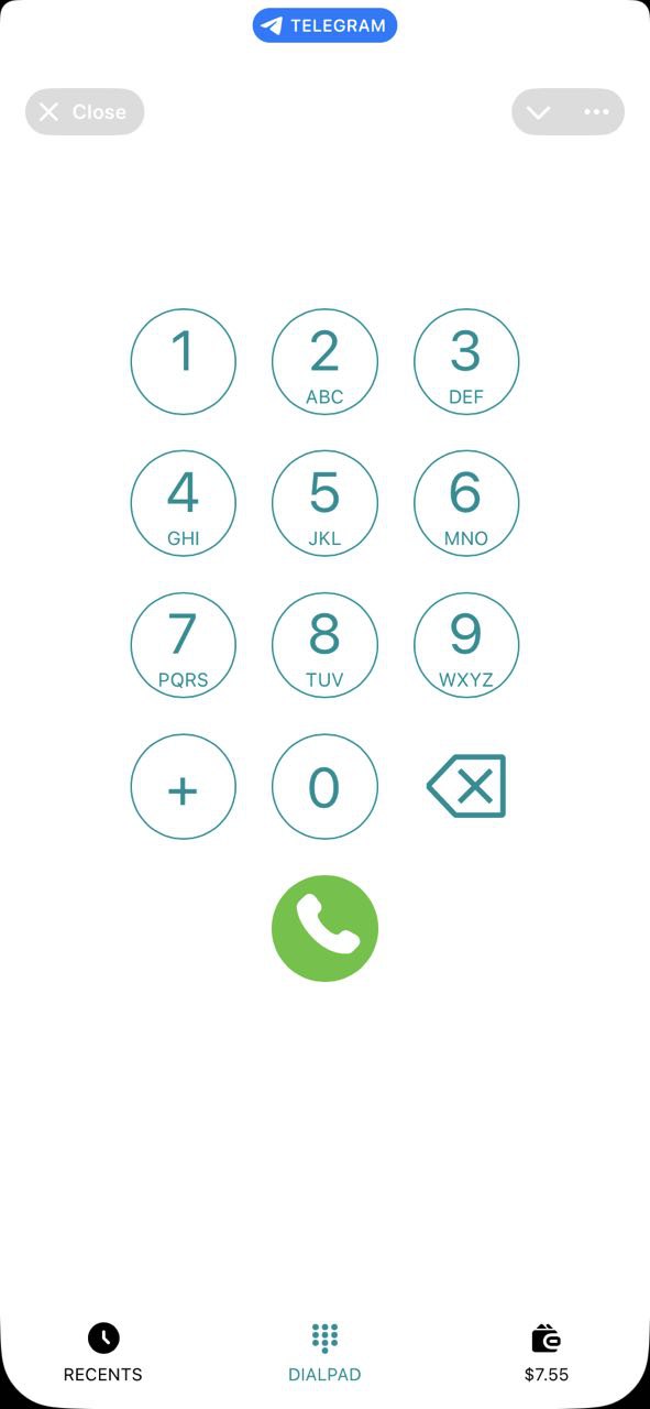 MeCall dialpad inside Telegram